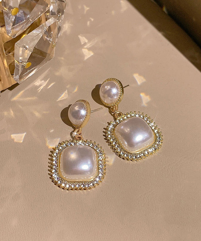 Boucles d'oreilles pendantes modernes en alliage de cuivre doré et perles de zircon - TrendAura