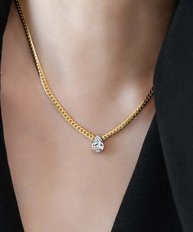 Collier moderne avec pendentif goutte d'eau en or 14 carats et zircon surdoré - TrendAura