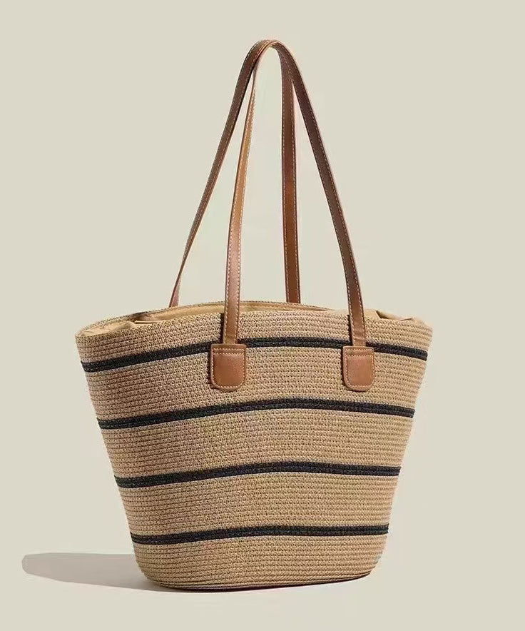 Sac fourre-tout moderne en paille tissée à rayures kaki de grande capacité - TrendAura