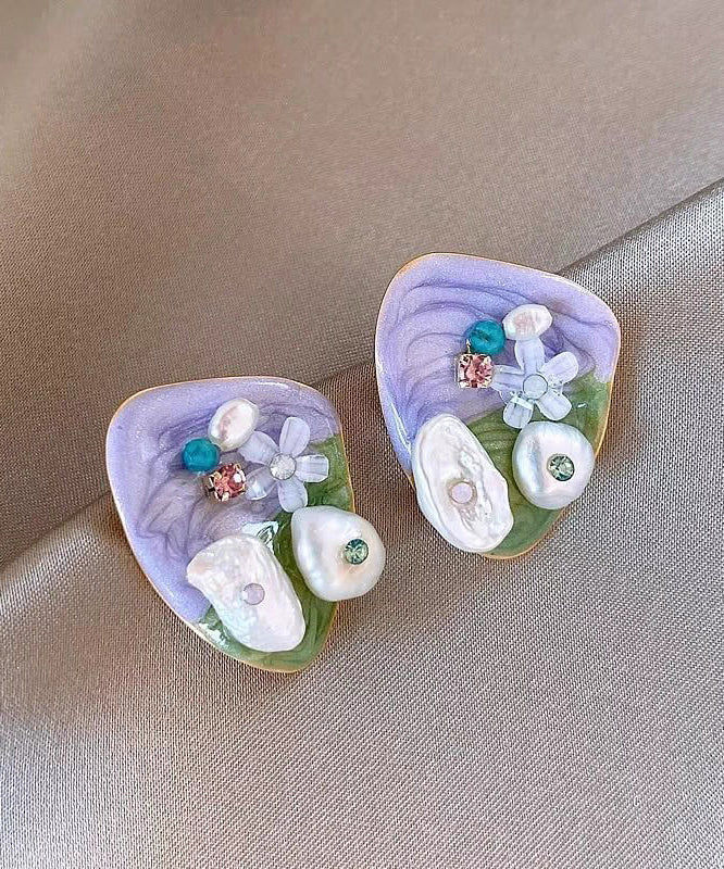 Boucles d'oreilles à tige modernes en alliage violet clair avec perles de riz florales en zircon - TrendAura