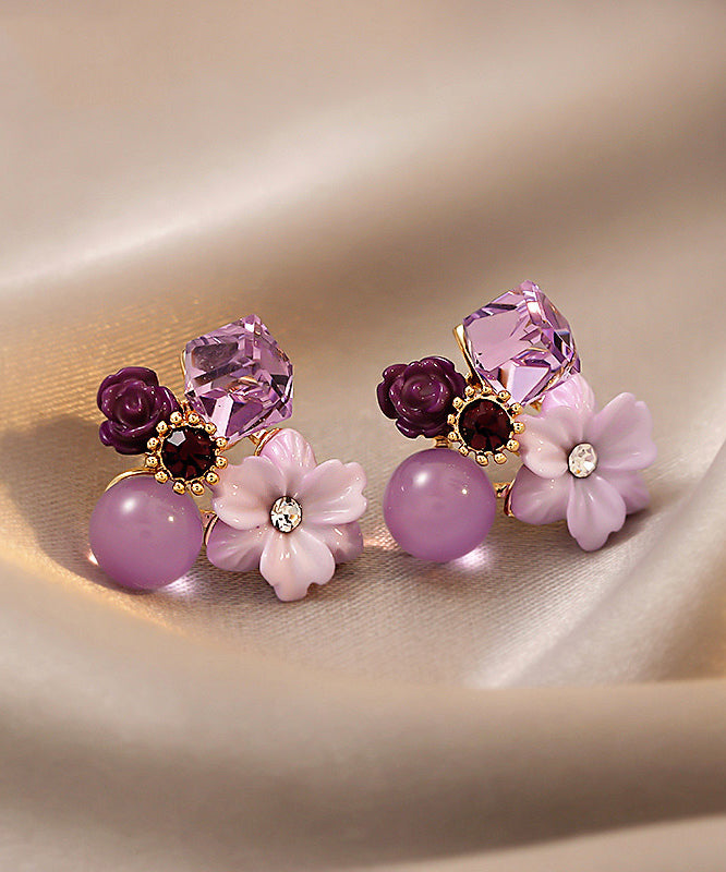 Boucles d'oreilles à tige modernes en argent surdoré violet et cristal - TrendAura