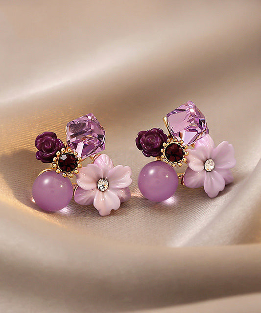 Boucles d'oreilles à tige modernes en argent surdoré violet et cristal - TrendAura