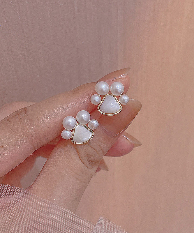 Boucles d'oreilles puces modernes en alliage de cuivre blanc, perle et coquillage, en forme de patte de chat - TrendAura