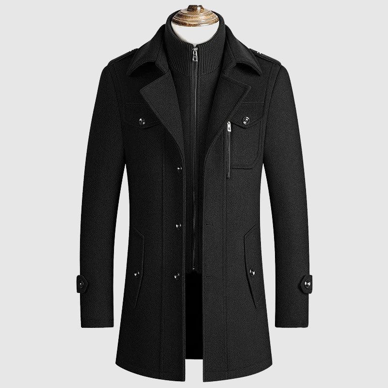 TrendAura Modern Warm Wool Blend Coat For Men With Zipper Chest Pocket And Classic Tailoring