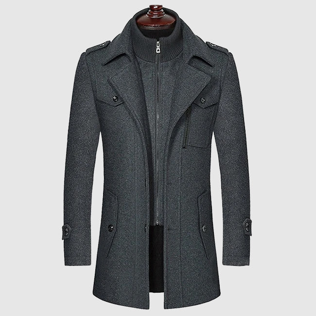 TrendAura Modern Warm Wool Blend Coat For Men With Zipper Chest Pocket And Classic Tailoring