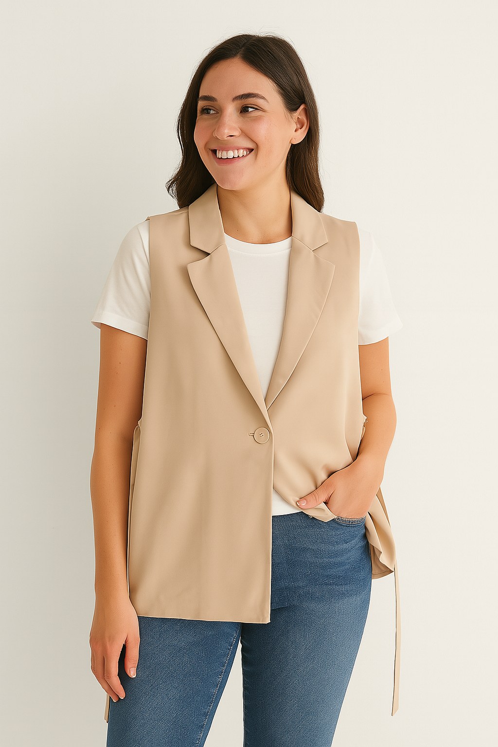 Suzan Vest With Tie Belt Notch Collar For Elegant Office Layering Women Professionals
