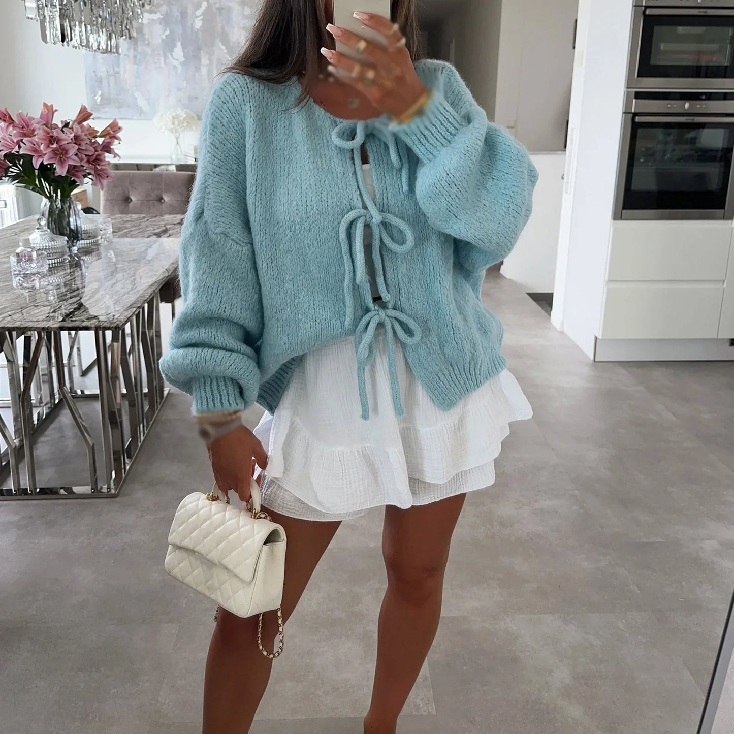 Fashionable Long Cardigan Women with Tie Belt