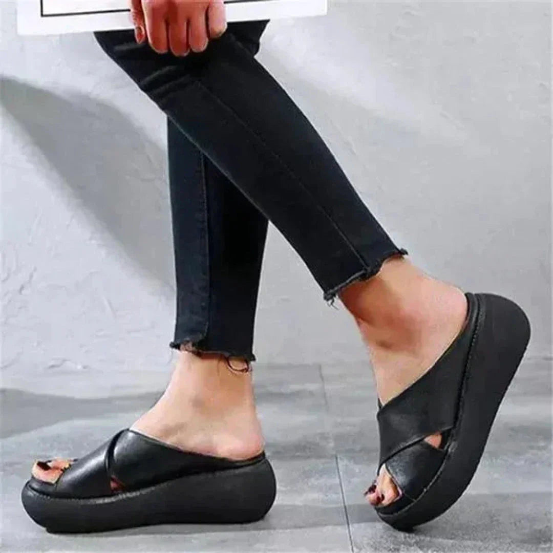 Mona X-Strap Leather Platform Slides
