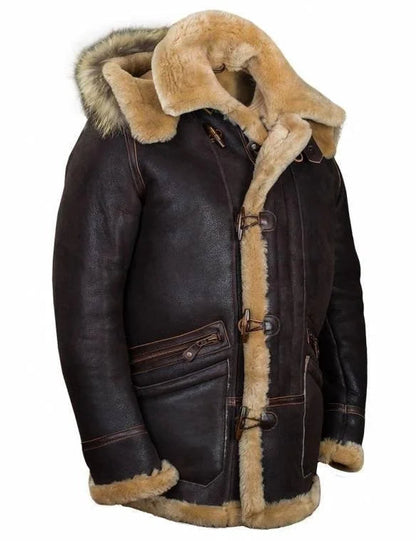 Men's Hooded Leather Like Jacket With Plush Lining Fur Trim And Toggle Closure Winter Jacket