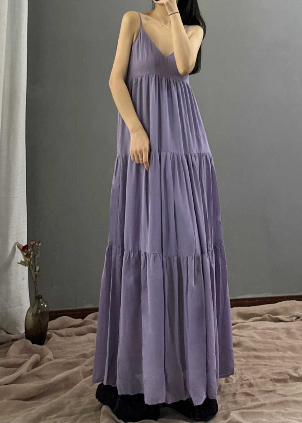 Robe longue à bretelles spaghetti en mousseline de soie violette naturelle, col en V, patchwork, été - TrendAura