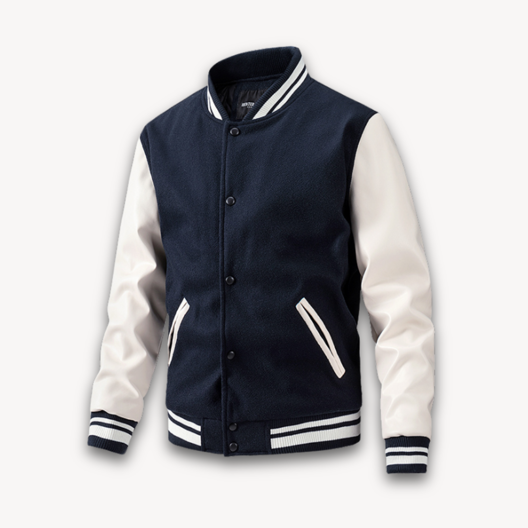 Men's Varsity Jacket Classic Fit With Wool Look Body And Leather Look Sleeves Snap Button Closure