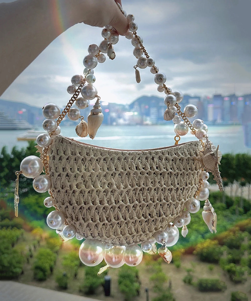 Nouveau sac cabas en paille tressée abricot avec perles - TrendAura