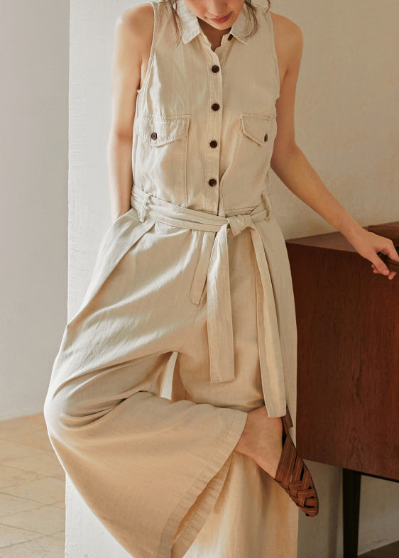 Nouvelle combinaison beige en coton à lacets et col Peter Pan, sans manches - TrendAura