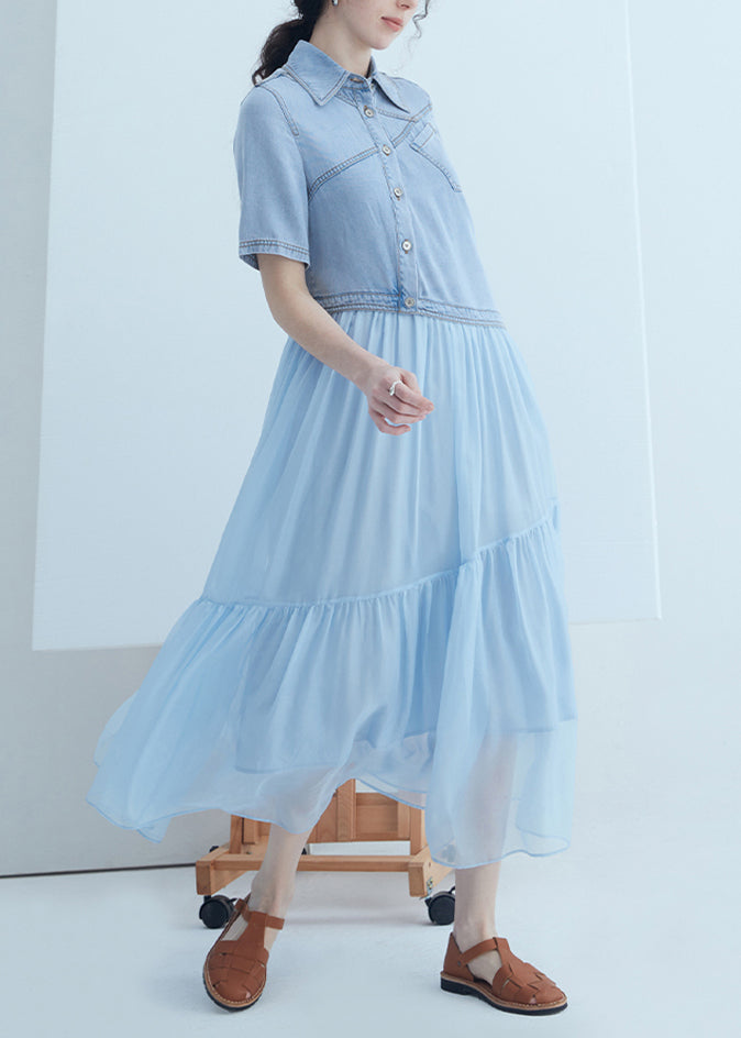 Nouvelle robe d'été asymétrique en denim bleu à col Peter Pan et patchwork de soie - TrendAura