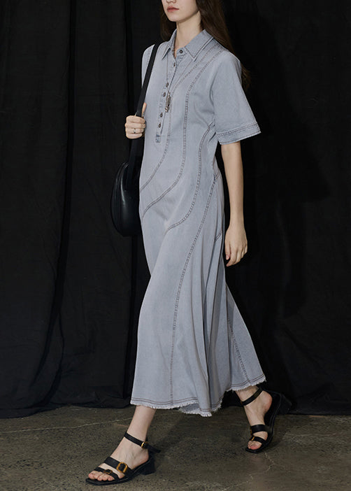 Nouvelles robes longues en denim bleu à col Peter Pan et patchwork pour l'été - TrendAura