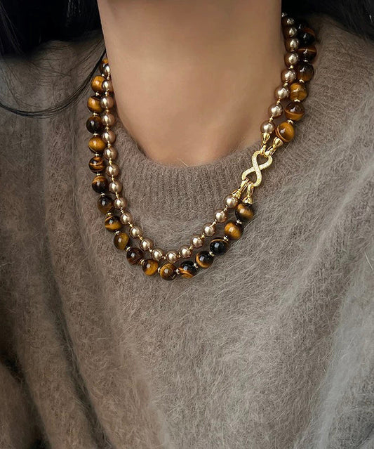 Nouveau collier de perles graduées à double couche en cuivre et œil de tigre - TrendAura