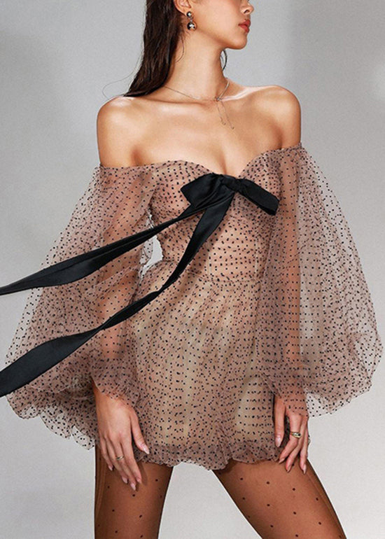 Nouvelles mini-robes en tulle à pois kaki et épaules dénudées, manches lanternes - TrendAura