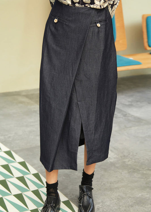 Nouvelles jupes en jean bleu marine asymétriques ouvertes sur le devant pour l'automne - TrendAura