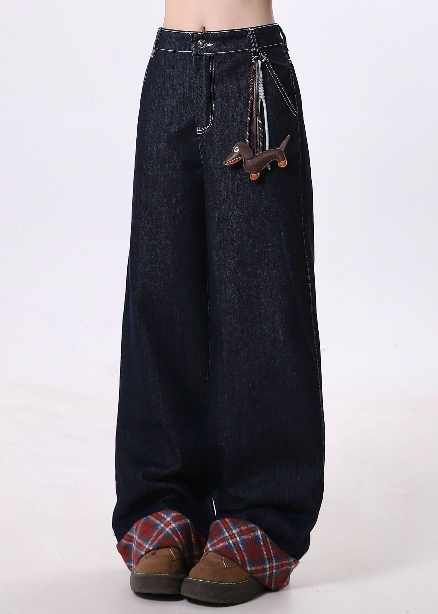 Pantalon large en denim bleu marine avec poches patchwork, nouvelle collection printemps - TrendAura