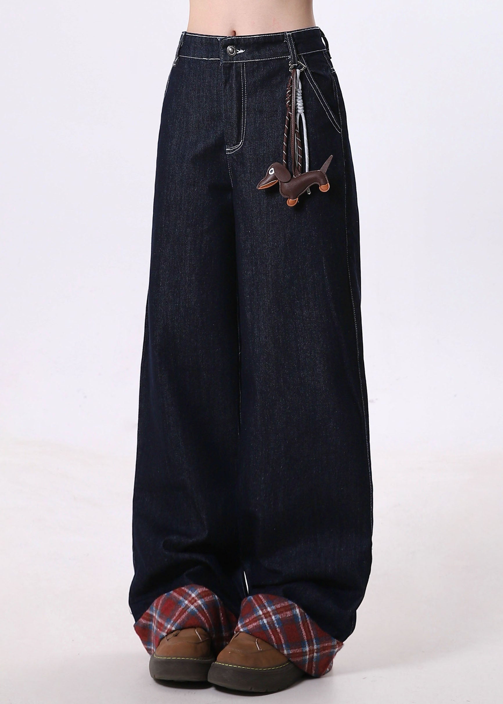 Pantalon large en denim bleu marine avec poches patchwork, nouvelle collection printemps - TrendAura