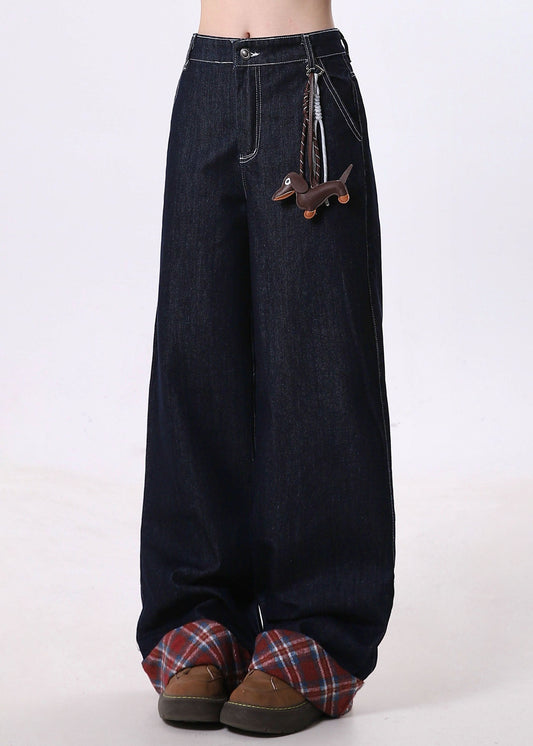 Pantalon large en denim bleu marine avec poches patchwork, nouvelle collection printemps - TrendAura