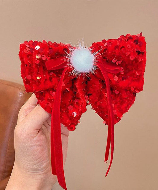 Ensemble de deux épingles à cheveux pour enfants, en alliage rouge, avec nœud, ruban et paillettes - TrendAura