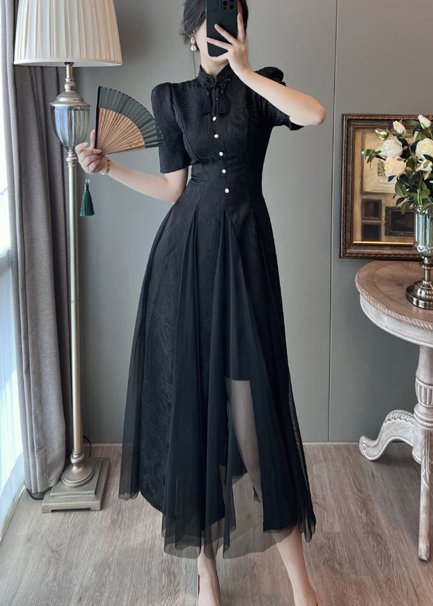 Nouvelle robe d'été rétro noire en tulle à manches bouffantes et patchwork - TrendAura