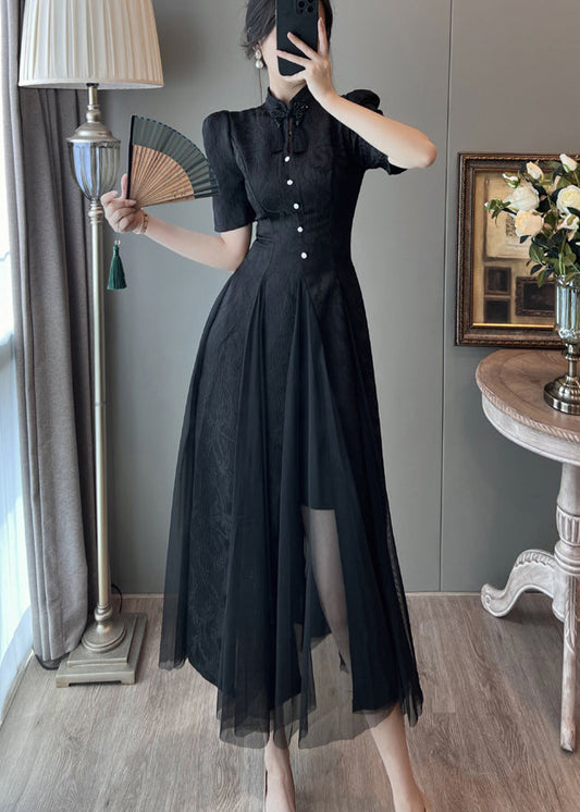 Nouvelle robe d'été rétro noire en tulle à manches bouffantes et patchwork - TrendAura