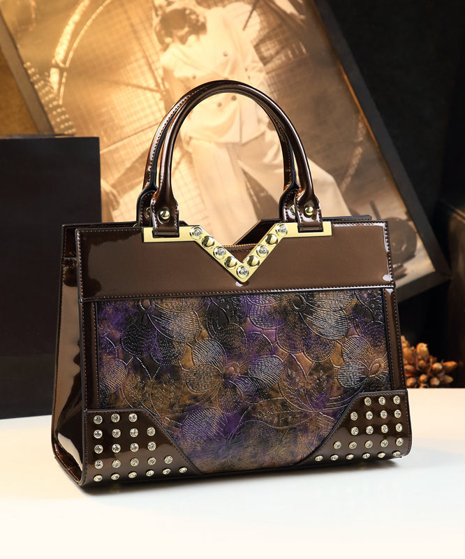 Nouveau sac fourre-tout rétro en similicuir marron jacquard et zircon - TrendAura