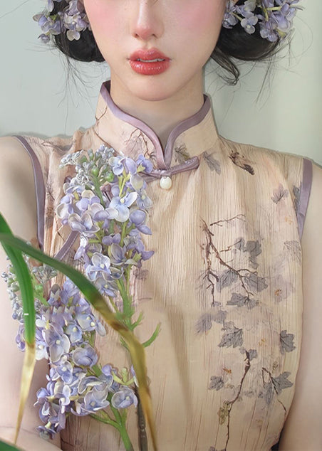 Nouvelles robes cheongsam rétro en coton imprimé kaki sans manches - TrendAura