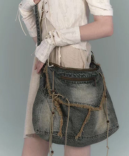 Nouveau sac messager rétro en denim bleu marine avec bordure à franges, grande capacité - TrendAura