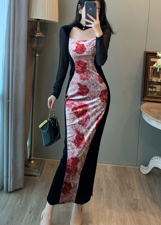 Nouvelles robes de vacances rétro en velours de soie à imprimé patchwork rose pour l'automne - TrendAura