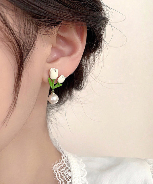Boucles d'oreilles tulipes en alliage d'argent sterling et perles pour femmes - TrendAura