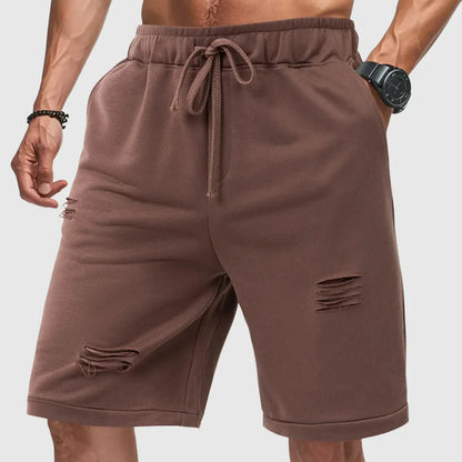 Nick Distressed Drawstring Jogger Shorts For Men With Relaxed Fit And Ripped Detailing