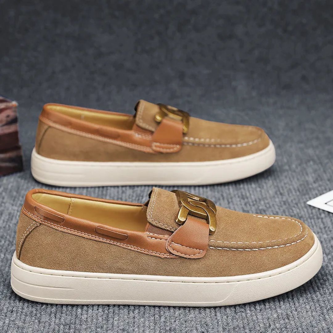 Waylynn Nico Prestige Leather Loafers For Men With Gold Tone Buckle Accent Slip On