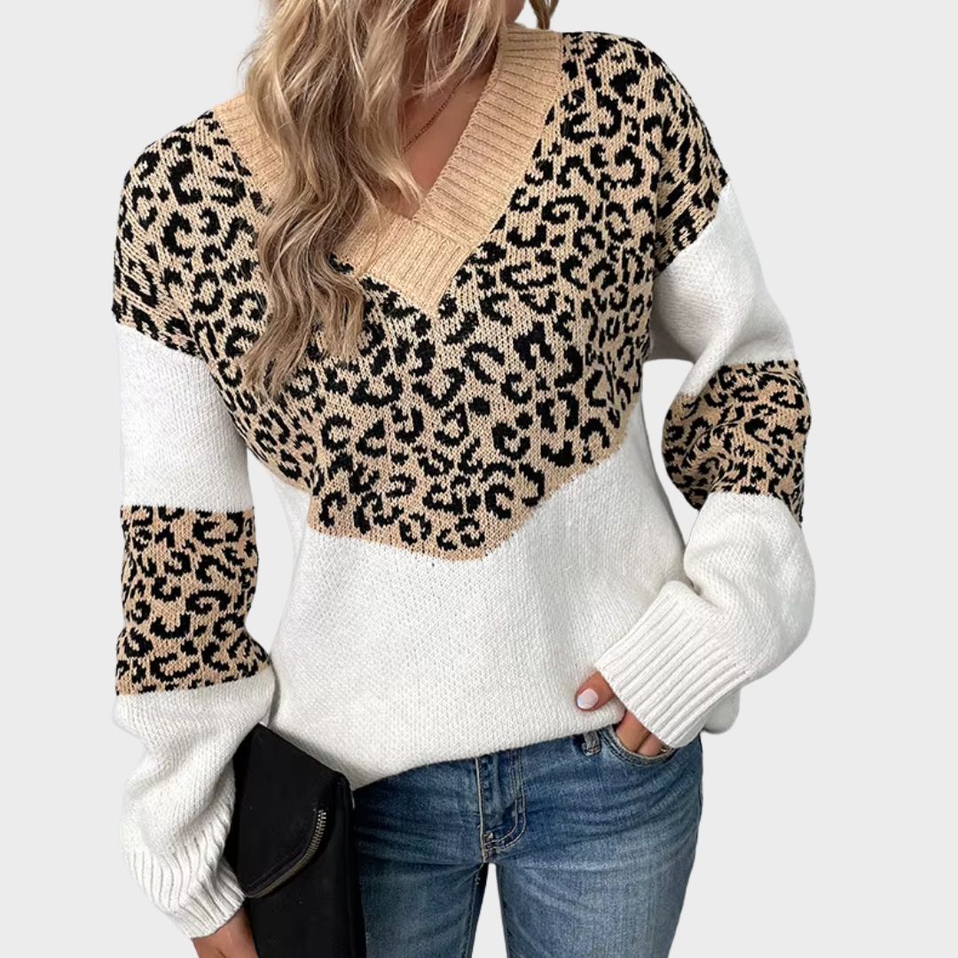 Women's V-neck Sweater with Leopard Print and Soft Knit