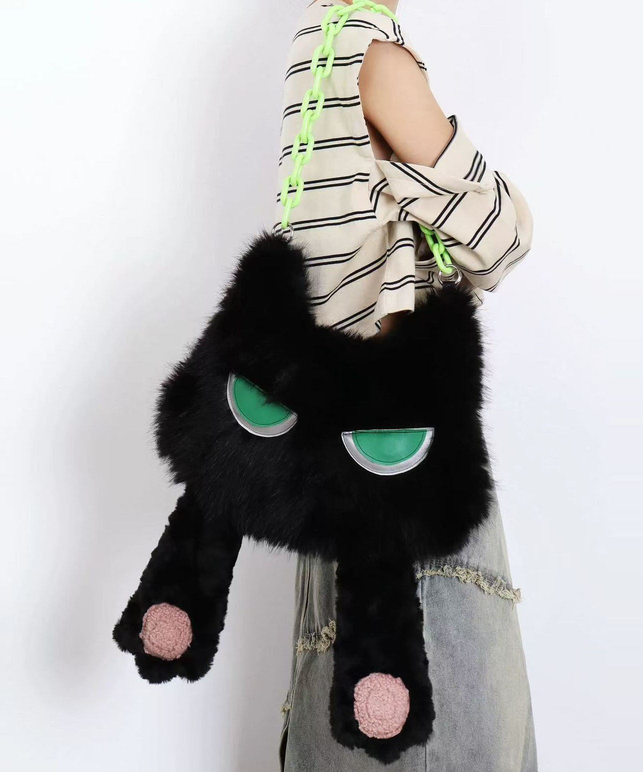 Sacs à main fantaisie en fourrure duveteuse en forme de chat noir pour filles - TrendAura