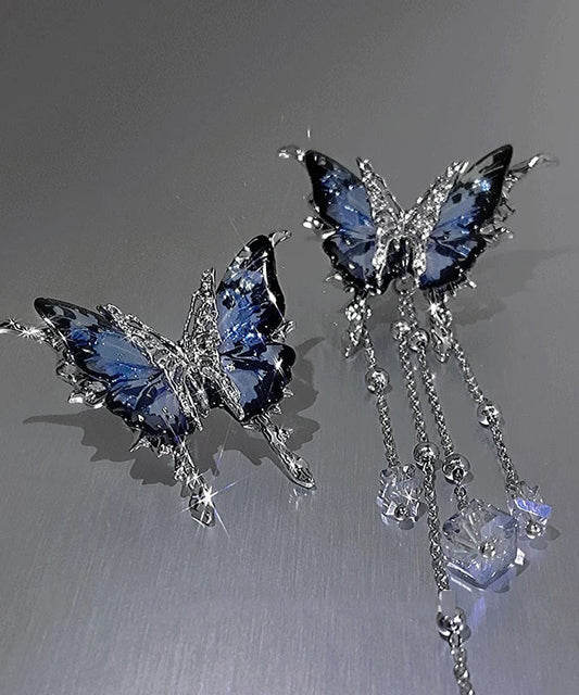 Boucles d'oreilles pendantes asymétriques fantaisie en alliage de cuivre bleu et résine cristalline avec pompon papillon - TrendAura