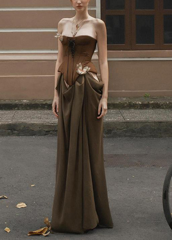 Robe longue de vacances marron fantaisie à épaules dénudées et patchwork pour l'été - TrendAura