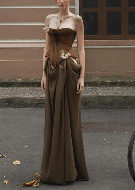 Robe longue de vacances marron fantaisie à épaules dénudées et patchwork pour l'été - TrendAura