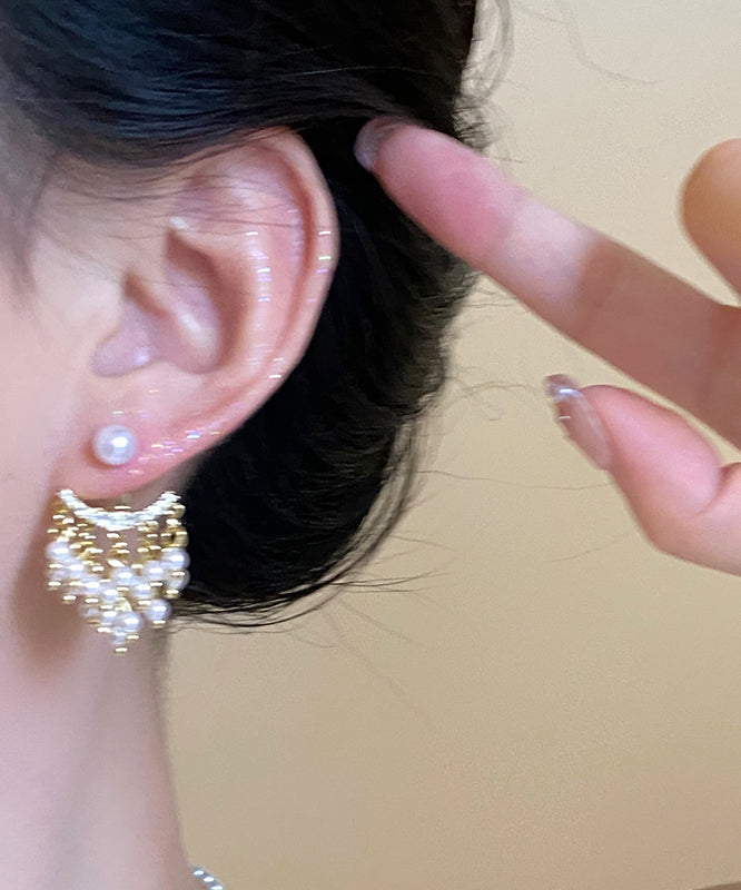 Boucles d'oreilles pendantes fantaisie en or, cuivre, zircon et perles - TrendAura