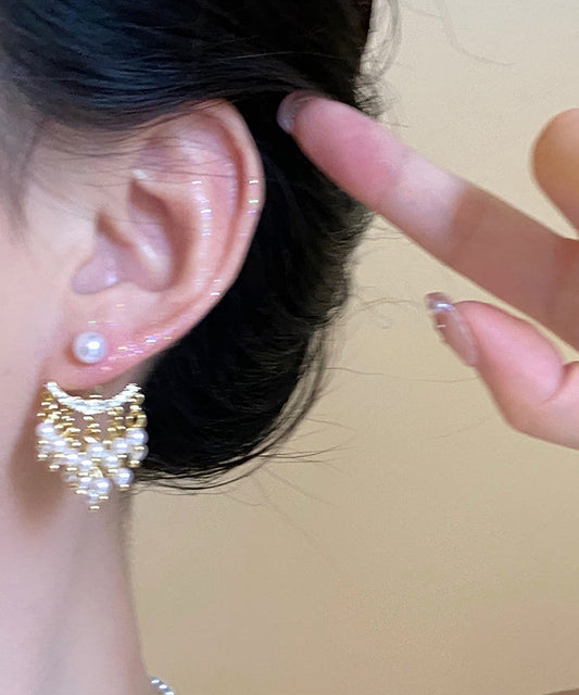 Boucles d'oreilles pendantes fantaisie en or, cuivre, zircon et perles - TrendAura