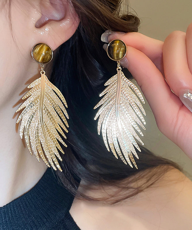 Boucles d'oreilles pendantes fantaisie en forme de feuille, en or, cuivre et zircon, œil de tigre - TrendAura
