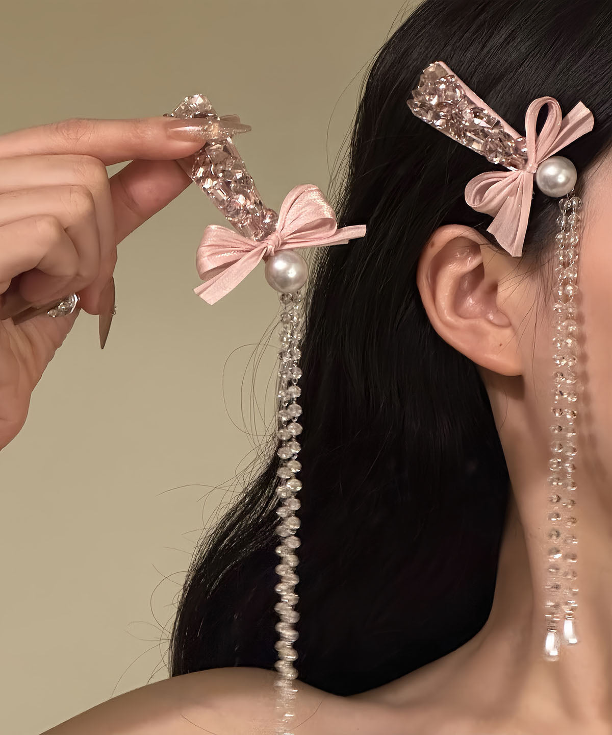 Paire d'épingles à cheveux fantaisie en alliage rose avec nœud et pompon en zircon - TrendAura
