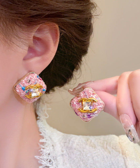 Boucles d'oreilles à tige carrées fantaisie en alliage de zircon rose - TrendAura