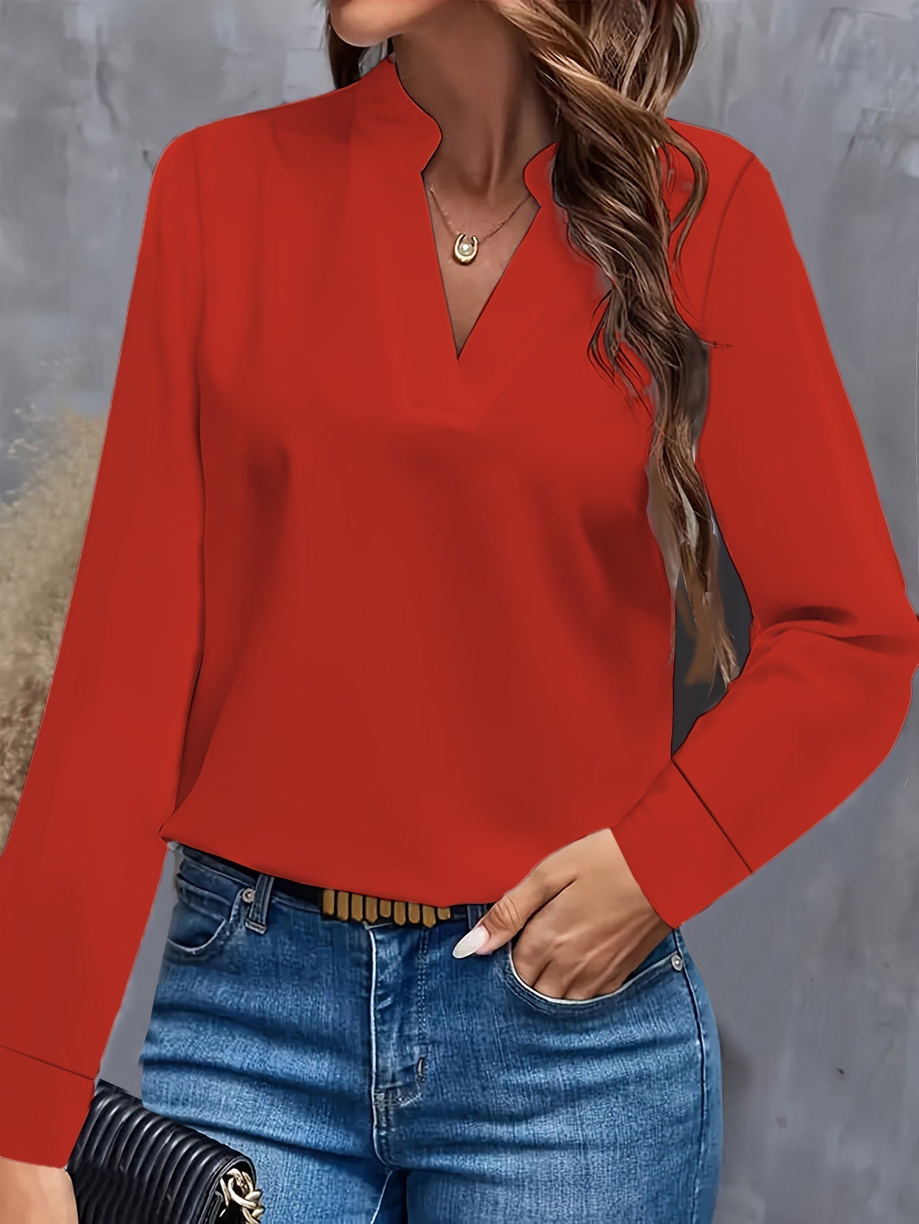 Women's Blouse - V-Neck with Mandarin Collar - Long-Sleeved - Elegant Loose Fit