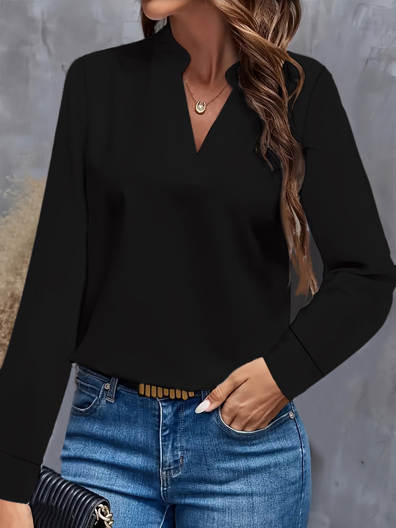 Women's Blouse - V-Neck with Mandarin Collar - Long-Sleeved - Elegant Loose Fit