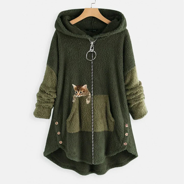 Women’s Long Hooded Jacket – Oversized Fit – Plush Fleece – Cat Pocket – High-Low Hem
