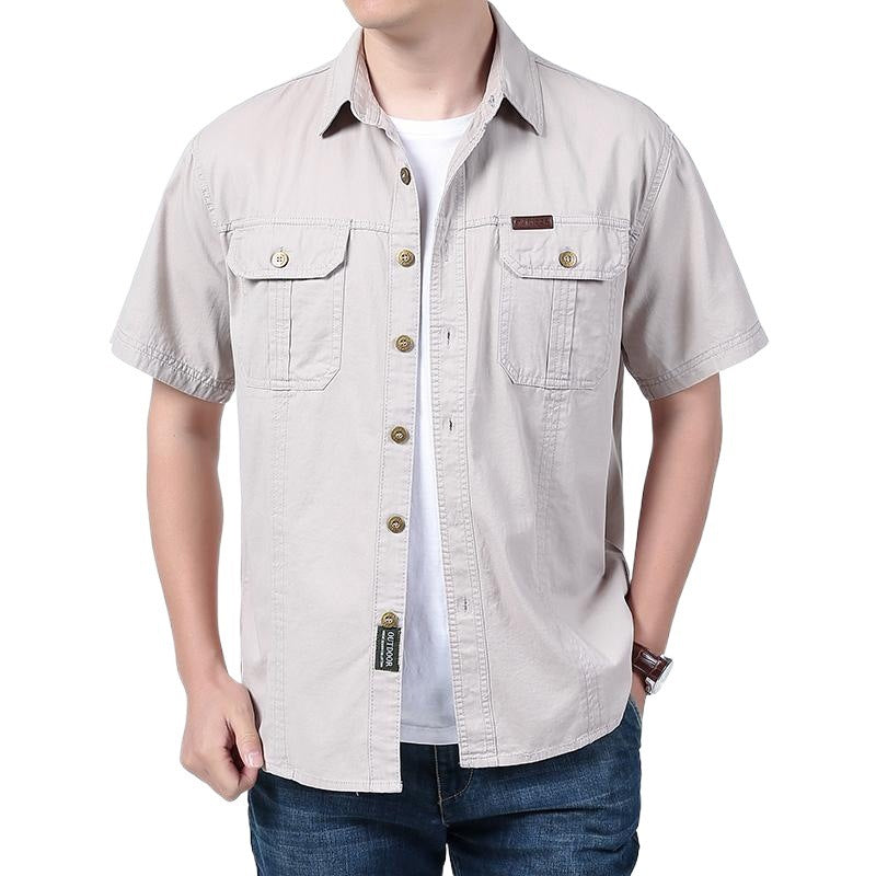 Men's Short Sleeve Cotton Blend Shirt With Relaxed Fit Button Closure And Chest Pockets