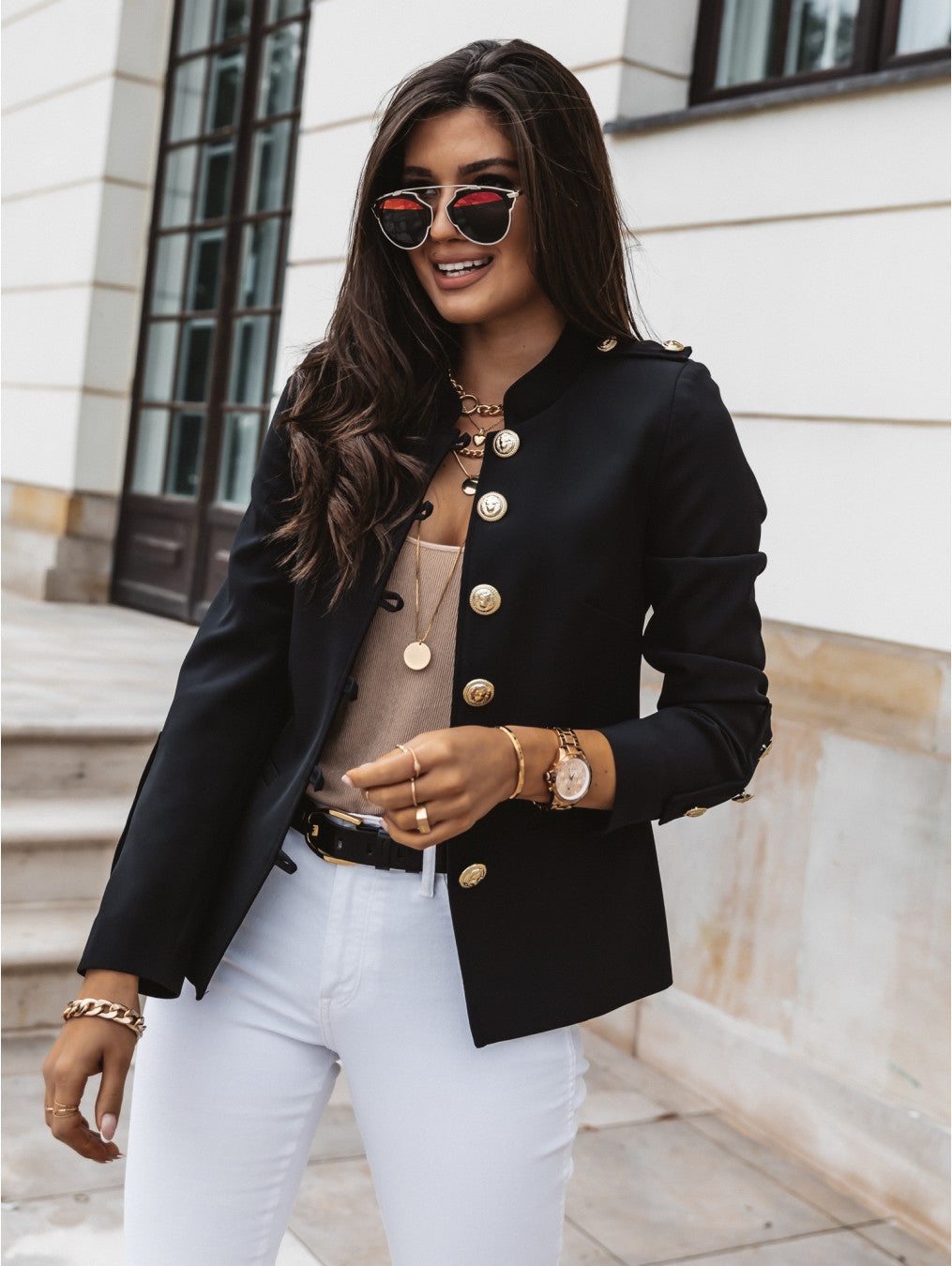 Women’s Blazer – Slim Fit – Mandarin Collar – Metallic Button Detail – Short Length